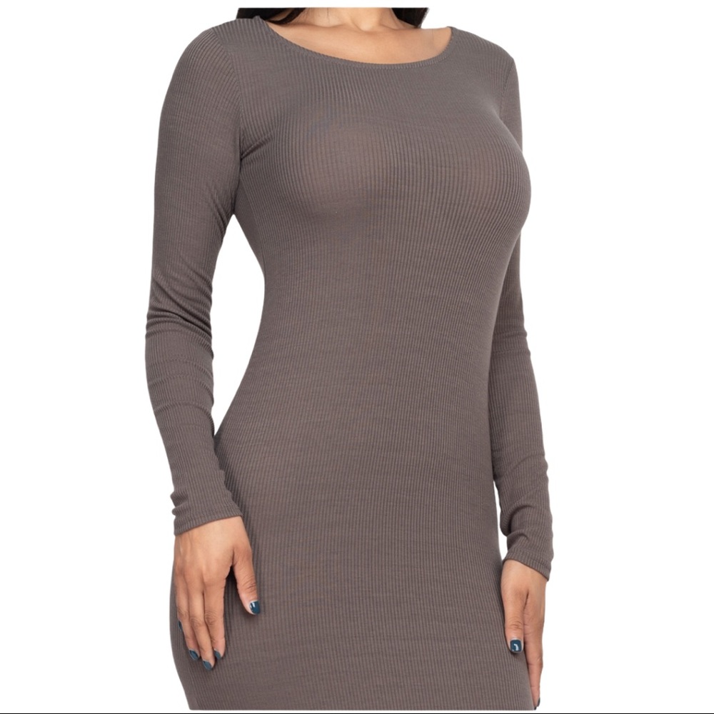 Ribbed Round Neck Long sleeve Maxi - Cocoa - Picture 3 of 5